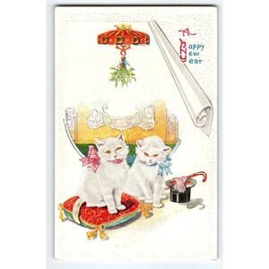 New Year Postcard White Kittens Cats 1910's Seated Top Hat Cane Embossed Antique